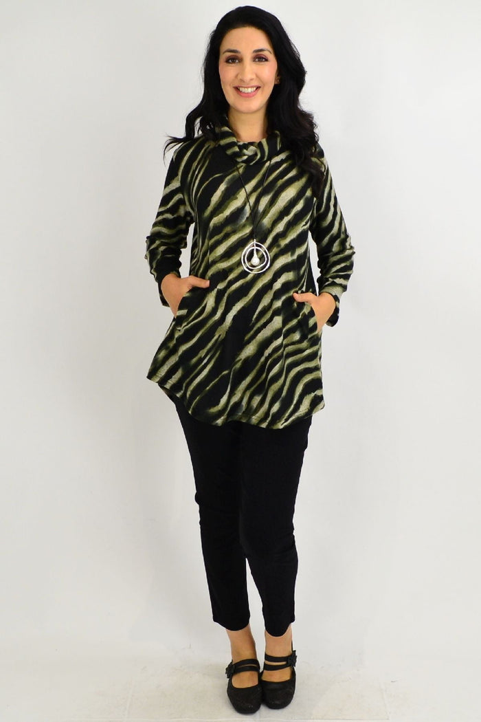 Khaki rolled neck zebra print tunic top by Willow Tree, featuring a relaxed fit and stylish design.