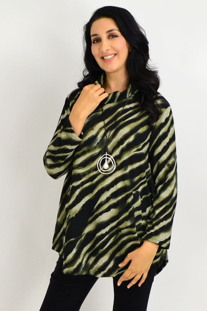 Khaki rolled neck Zebra tunic top by Willow Tree, featuring a relaxed fit and zebra print pattern, displayed on a mannequin.