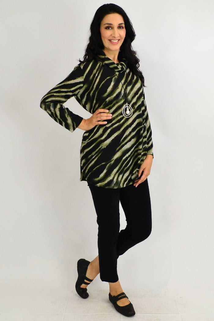 Khaki zebra print rolled neck tunic top by Willow Tree, featuring a relaxed fit and stylish rolled neckline.