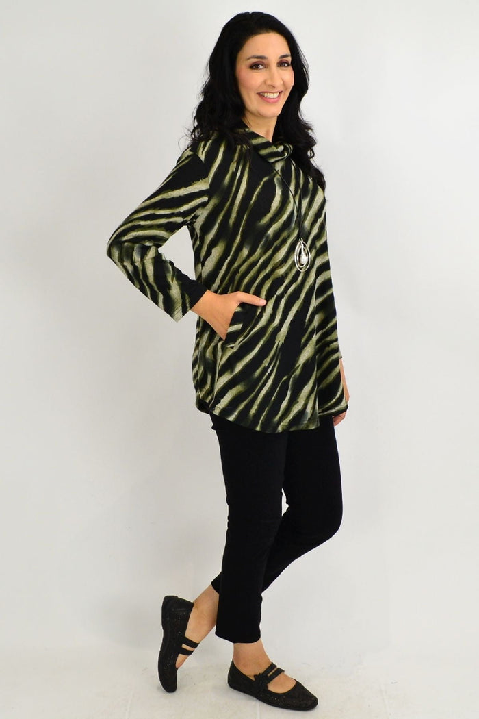 Khaki rolled neck zebra print tunic top by Willow Tree, featuring a relaxed fit and stylish design, displayed on a hanger.