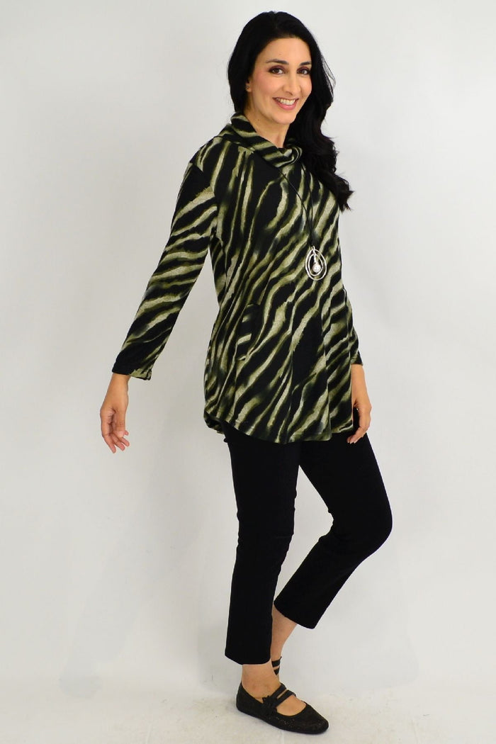 Khaki rolled neck zebra print tunic top by Willow Tree, featuring long sleeves and a relaxed fit, displayed on a hanger.