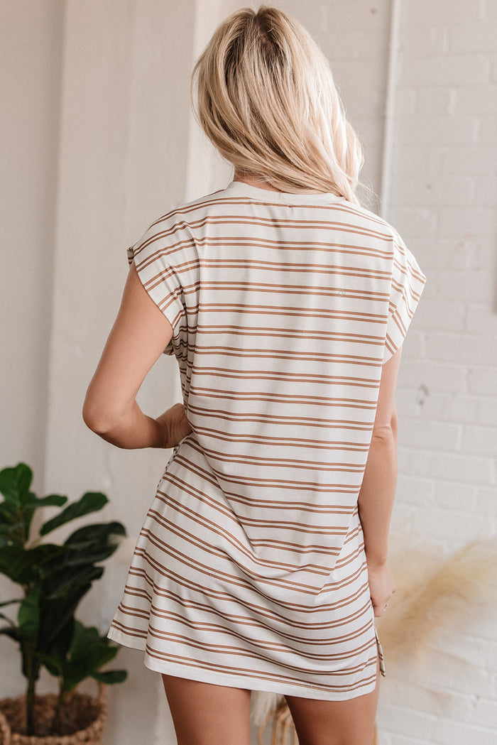 Khaki Stripe Round Neck Sleeveless Casual Pocketed Mini Dress - Dresses/Mini Dresses