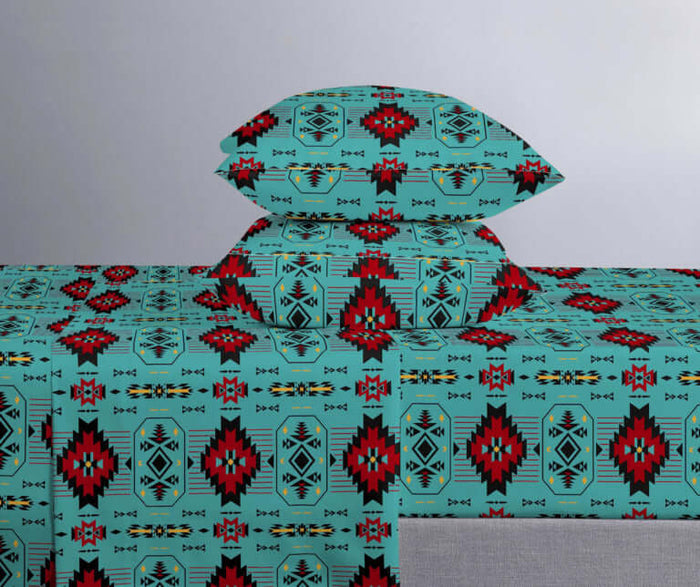 King Bed Sheet Sets featuring a vibrant turquoise and red geometric pattern for a stylish bedroom.
