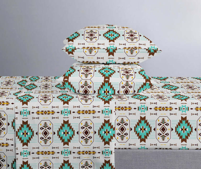 King Bed Sheet Sets featuring a colorful geometric pattern on a bed and pillows by Keya Bedding Co.