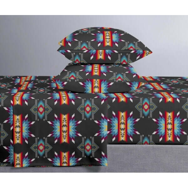 King Bed Sheet Sets featuring vibrant geometric patterns and soft pillows, perfect for enhancing bedroom decor.