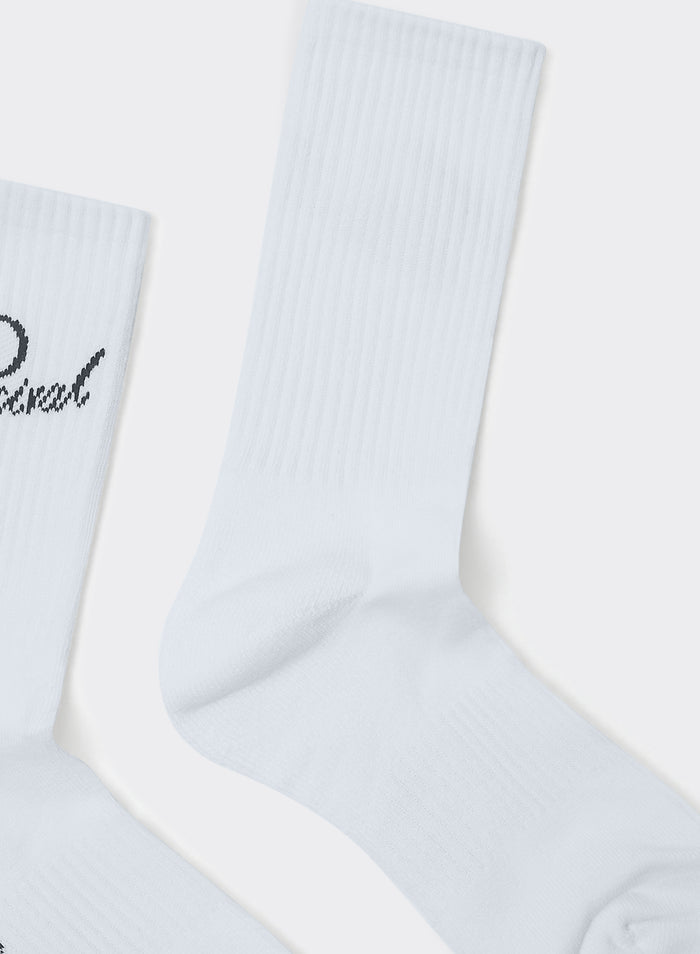 White Percival Kingsley Jacquard Socks featuring a ribbed cotton-blend knit and black script logo, shown flat.