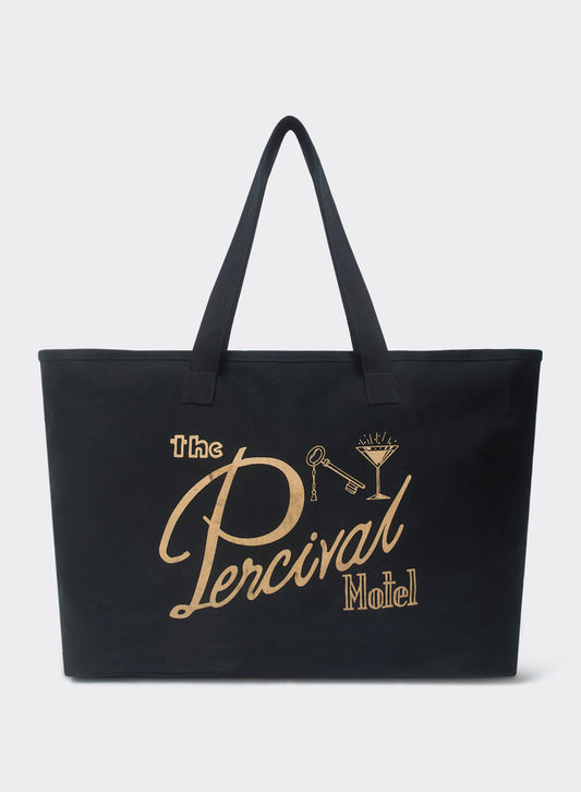 The Percival Kingsley Large Tote Bag in black cotton, featuring a gold The Percival Motel graphic and cocktail illustration.