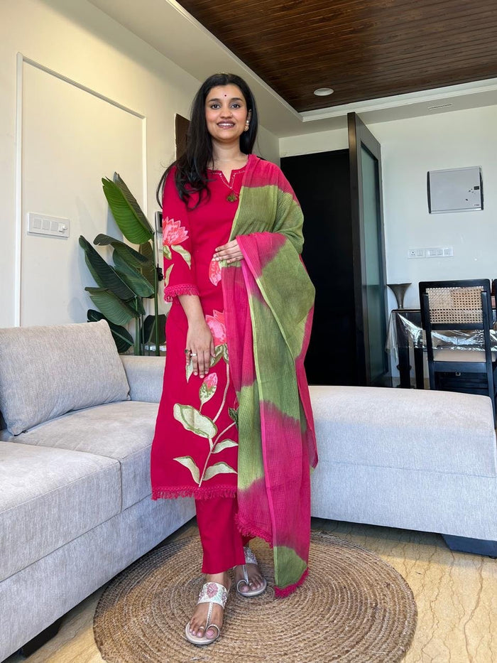 Kiro Floral Embroidered Cotton Set- Pink