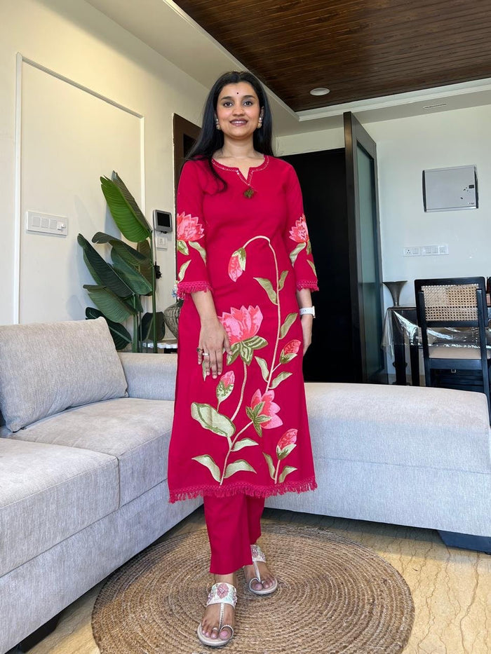 Kiro Floral Embroidered Cotton Set- Pink