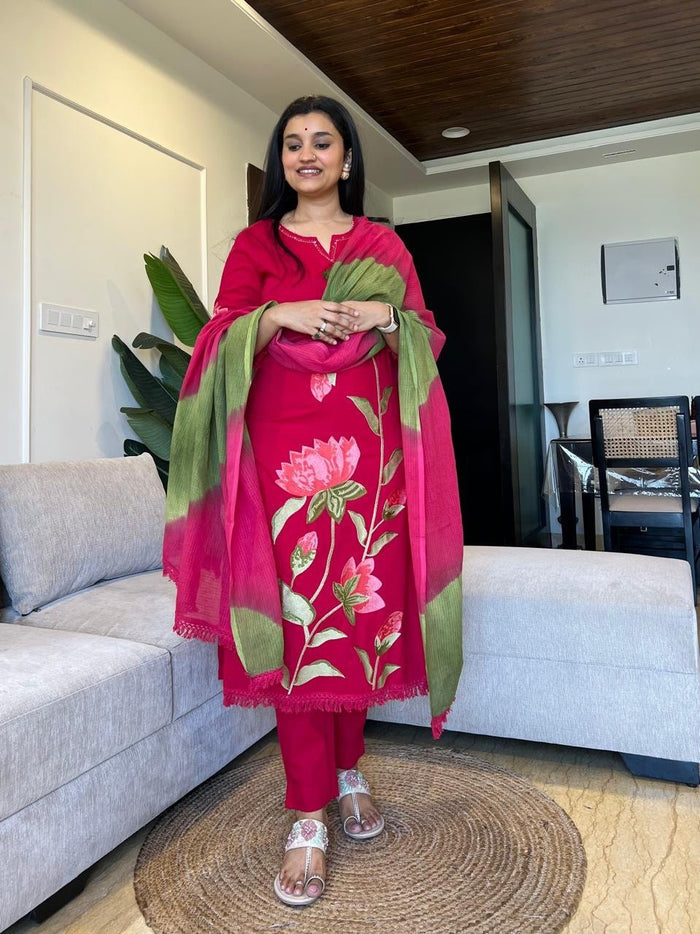 Kiro Floral Embroidered Cotton Set- Pink