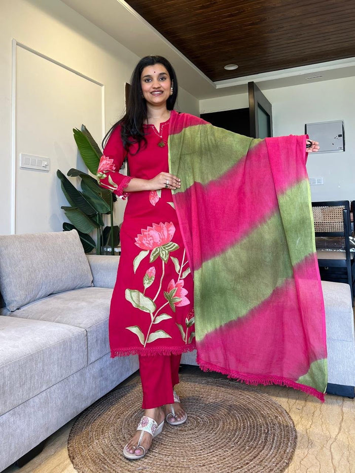 Kiro Floral Embroidered Cotton Set- Pink