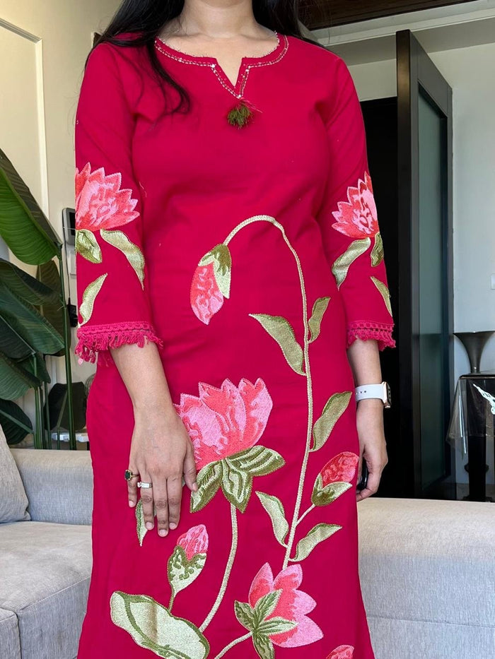 Kiro Floral Embroidered Cotton Set- Pink