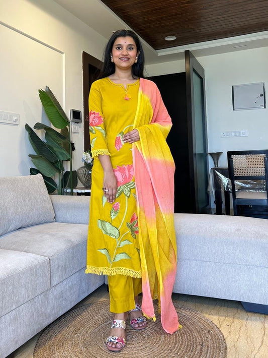 Kiro Floral Embroidered Cotton Set- Yellow