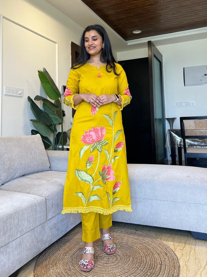 Kiro Floral Embroidered Cotton Set- Yellow