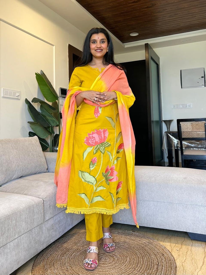 Kiro Floral Embroidered Cotton Set- Yellow