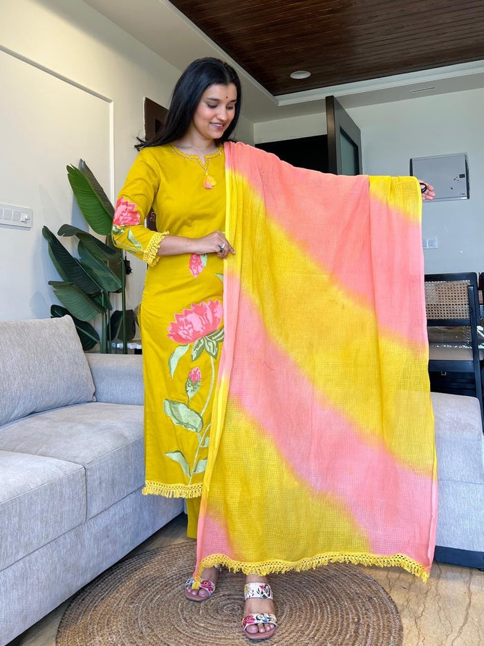 Kiro Floral Embroidered Cotton Set- Yellow