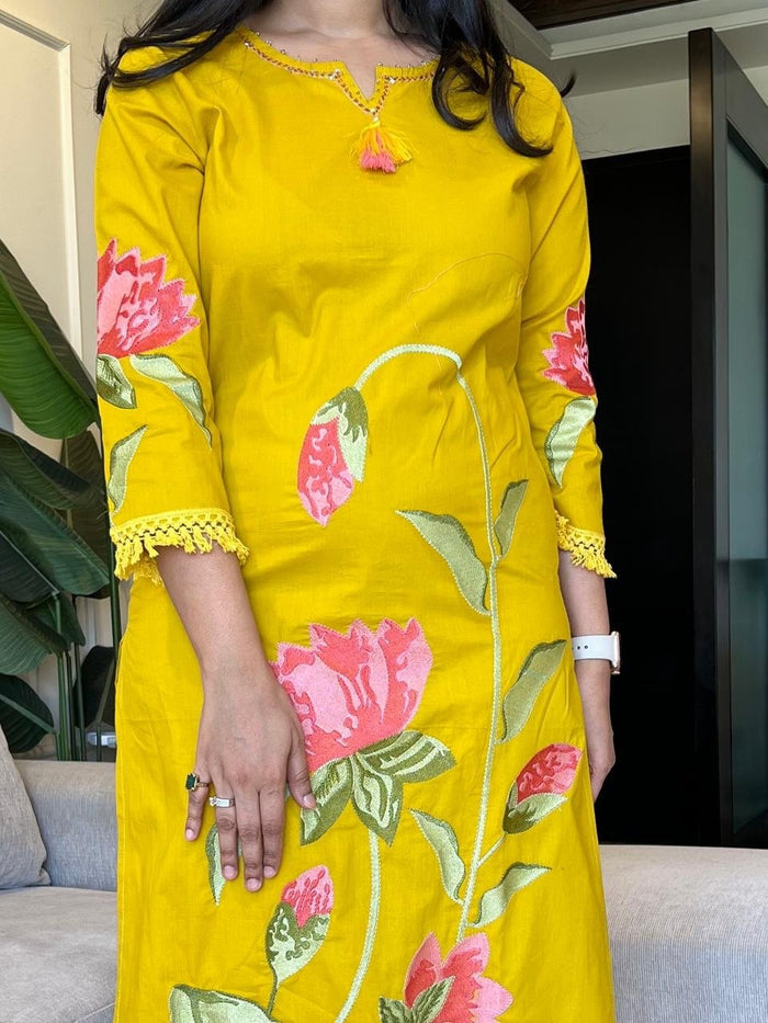 Kiro Floral Embroidered Cotton Set- Yellow
