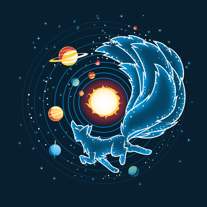 Premium Cotton T-shirt_TeeTurtle Kitsune Constellation navy blue t-shirt featuring the celestial outline of a kitsune Constellation, with a starry tail circling the sun, surrounded by planets and orbiting lines on a dark background.
