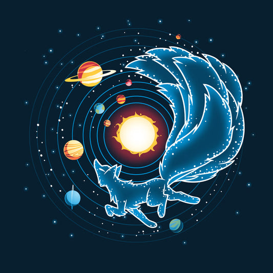 Premium Cotton T-shirt_TeeTurtle Kitsune Constellation navy blue t-shirt featuring the celestial outline of a kitsune Constellation, with a starry tail circling the sun, surrounded by planets and orbiting lines on a dark background.