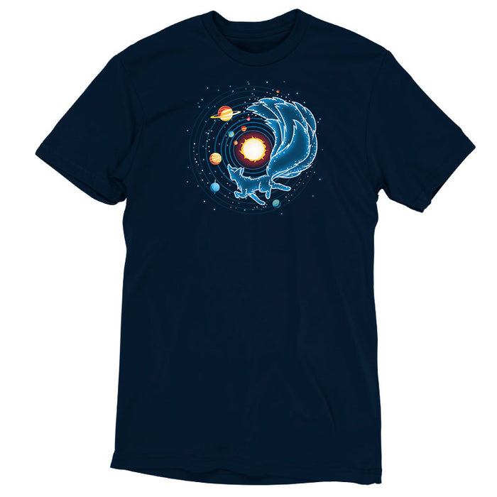 Premium Cotton T-shirt_TeeTurtle Kitsune Constellation navy blue t-shirt featuring the celestial outline of a kitsune Constellation, with a starry tail circling the sun, surrounded by planets and orbiting lines on a dark background.
