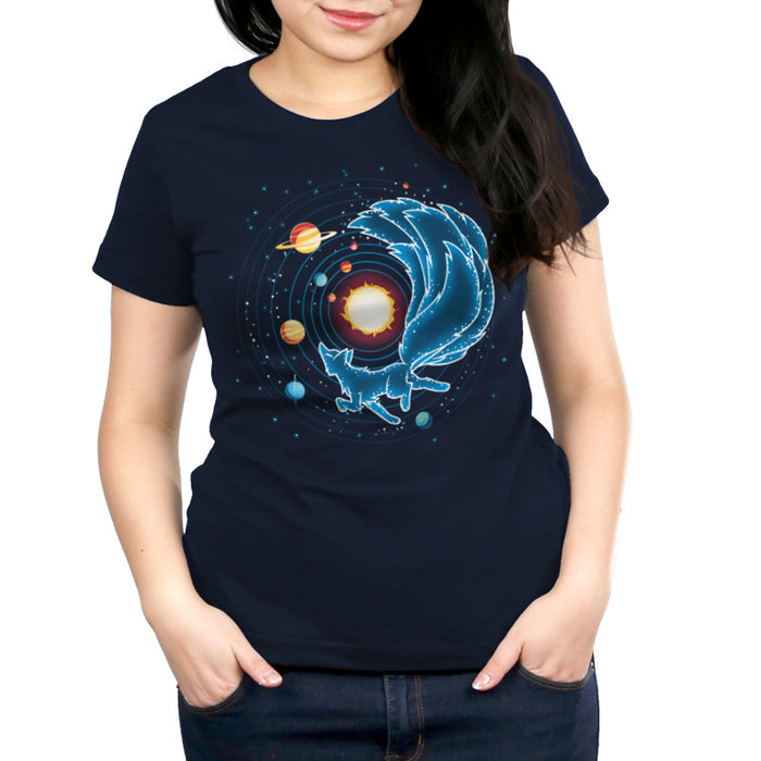 Premium Cotton T-shirt_TeeTurtle Kitsune Constellation navy blue t-shirt featuring the celestial outline of a kitsune Constellation, with a starry tail circling the sun, surrounded by planets and orbiting lines on a dark background.