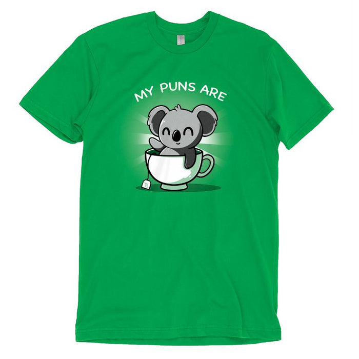 Premium Cotton T-shirt_TeeTurtle Koala Tea Puns apple apparel featuring a koala sitting in a tea cup with a pun below it.