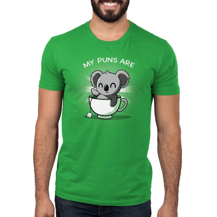 Premium Cotton T-shirt_TeeTurtle Koala Tea Puns apple apparel featuring a koala sitting in a tea cup with a pun below it.