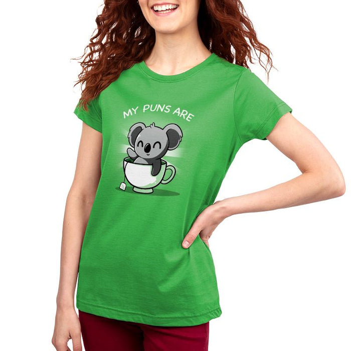 Premium Cotton T-shirt_TeeTurtle Koala Tea Puns apple apparel featuring a koala sitting in a tea cup with a pun below it.