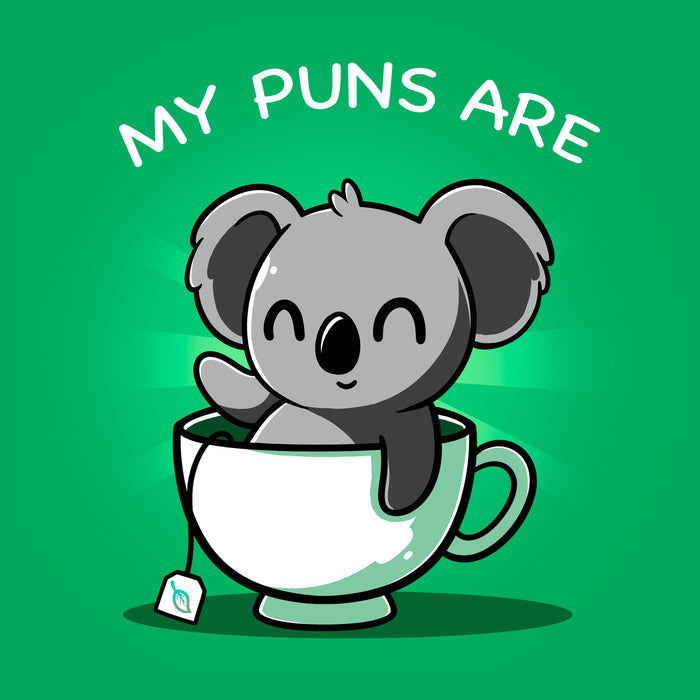 Classic Cotton T-shirt_TeeTurtle Koala Tea Puns irish green apparel featuring a koala sitting in a tea cup with a pun below it.