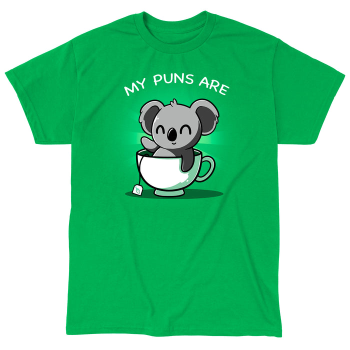 Classic Cotton T-shirt_TeeTurtle Koala Tea Puns irish green apparel featuring a koala sitting in a tea cup with a pun below it.