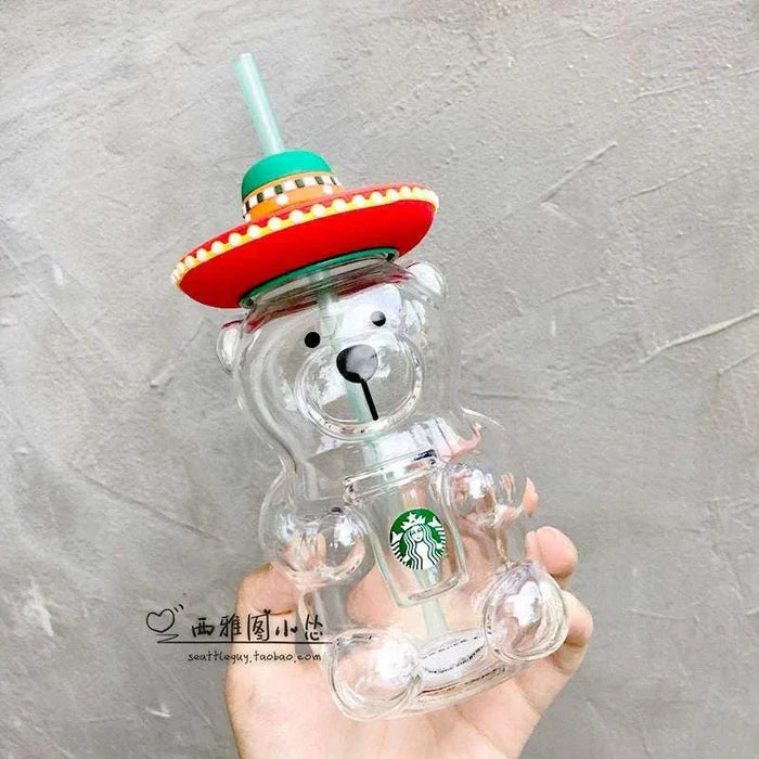Latin American bear shaped glass straw cup