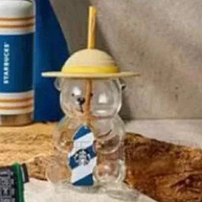 Korean Yellow Hat Bear shaped glass straw cup