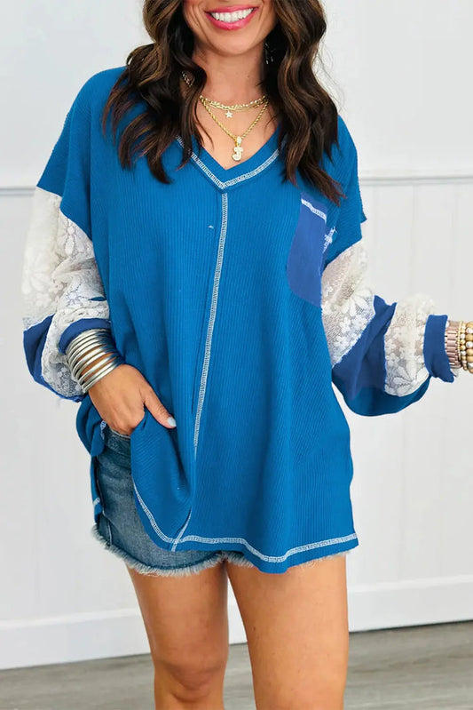 Sky Blue Lace Floral Patchwork Sleeve Stitching V Neck Rib Knit Blouse - SKY BLUE / S / 75% POLYESTER + 25% COTTON