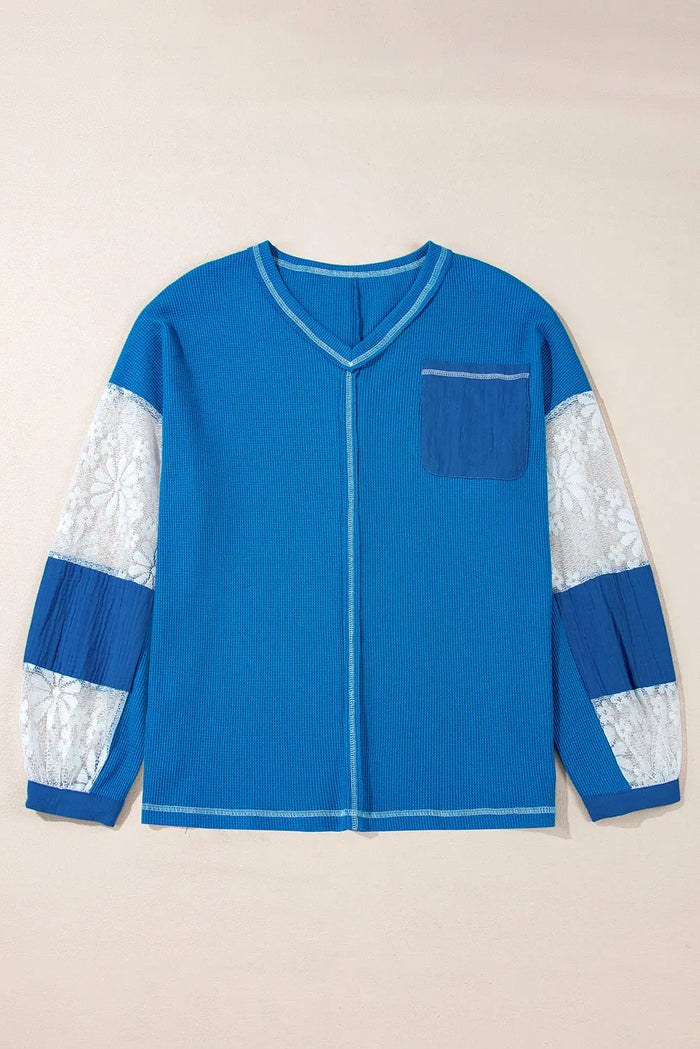 Sky Blue Lace Floral Patchwork Sleeve Stitching V Neck Rib Knit Blouse - Tops/Blouses & Shirts