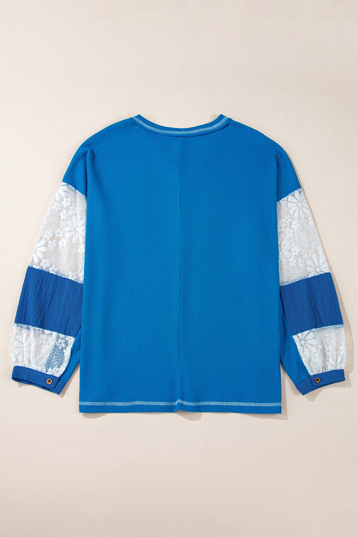 Sky Blue Lace Floral Patchwork Sleeve Stitching V Neck Rib Knit Blouse - Tops/Blouses & Shirts