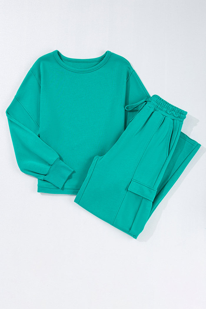 Lapis Solid Colour Mineral Wash Pullover Top and Cargo Trousers Set - LAPIS / S / 65% POLYESTER + 35% COTTON - Two