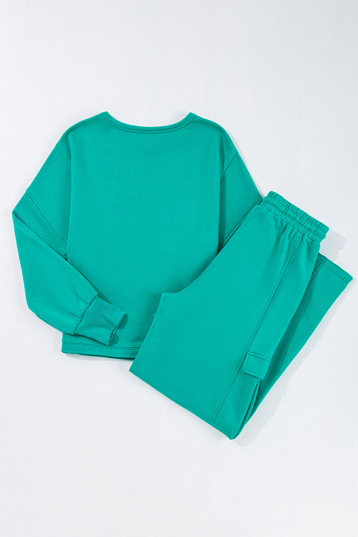 Lapis Solid Colour Mineral Wash Pullover Top and Cargo Trousers Set - Two Piece Sets/Pant Sets