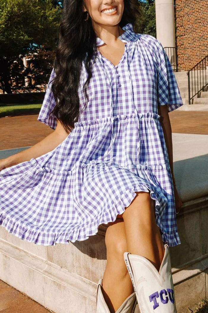 Lavendula Plaid Ruffle Wide Short Sleeve Babydoll Mini Dress - S / 95% Polyester + 5% Elastane - Dresses/Mini Dresses