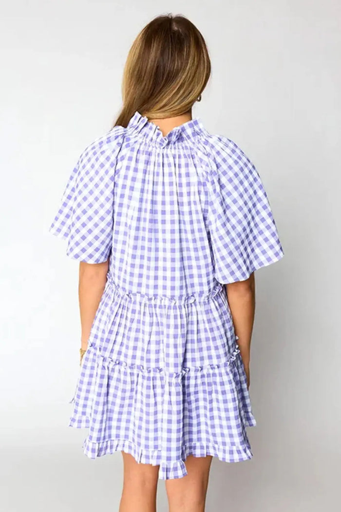 Lavendula Plaid Ruffle Wide Short Sleeve Babydoll Mini Dress - Dresses/Mini Dresses