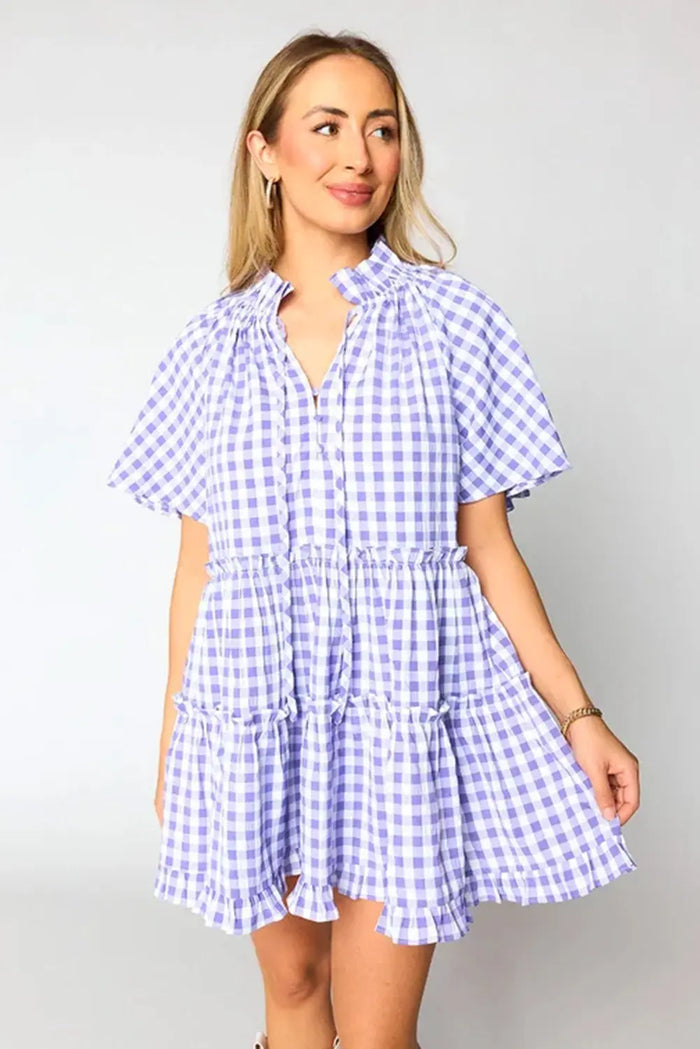 Lavendula Plaid Ruffle Wide Short Sleeve Babydoll Mini Dress - Dresses/Mini Dresses