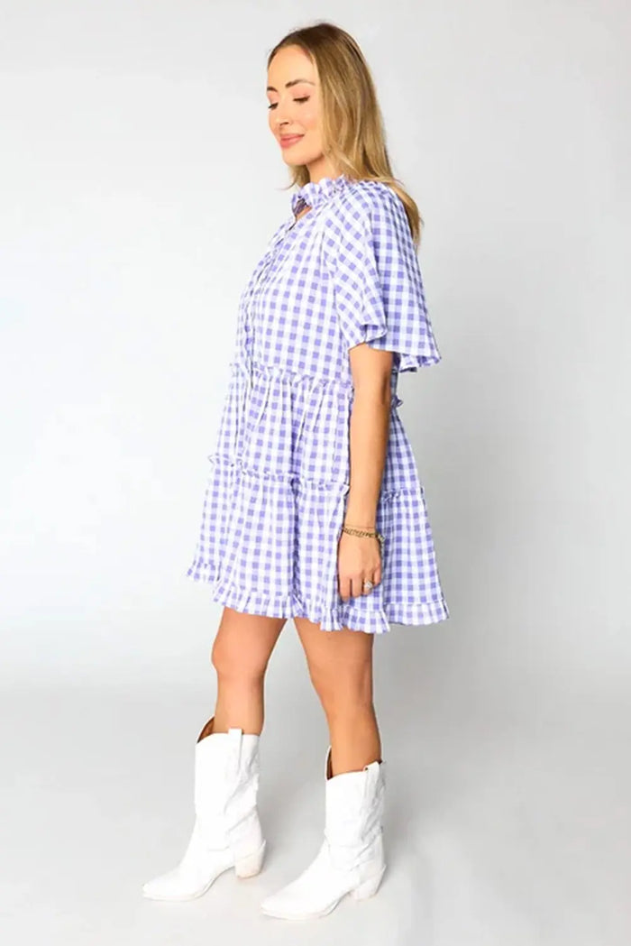Lavendula Plaid Ruffle Wide Short Sleeve Babydoll Mini Dress - Dresses/Mini Dresses