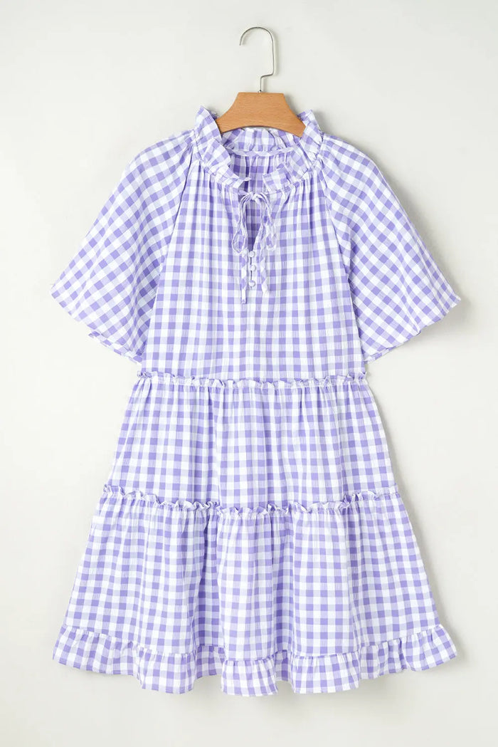 Lavendula Plaid Ruffle Wide Short Sleeve Babydoll Mini Dress - Dresses/Mini Dresses