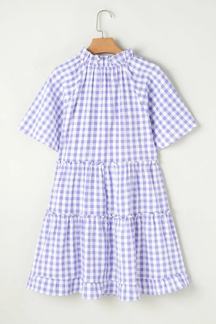 Lavendula Plaid Ruffle Wide Short Sleeve Babydoll Mini Dress - Dresses/Mini Dresses