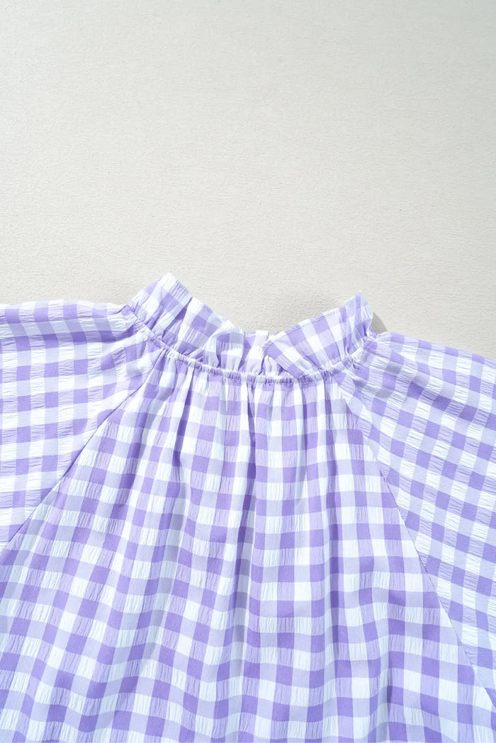Lavendula Plaid Ruffle Wide Short Sleeve Babydoll Mini Dress - Dresses/Mini Dresses