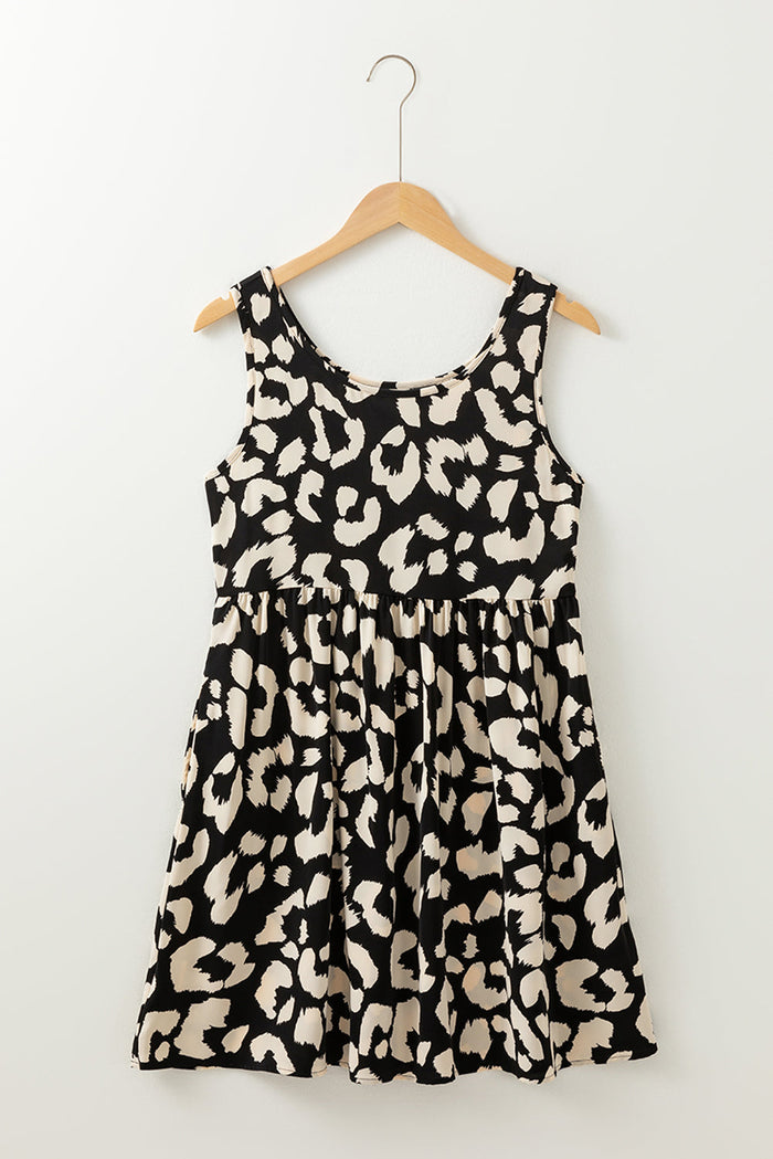 Black Leopard Print U Neck Sleeveless High Waist Dress - Dresses/Mini Dresses