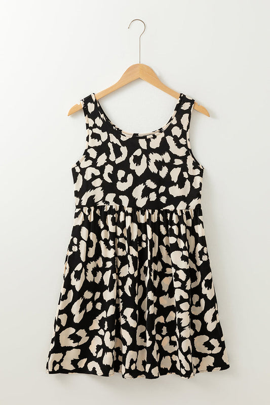 Black Leopard Print U Neck Sleeveless High Waist Dress - Dresses/Mini Dresses