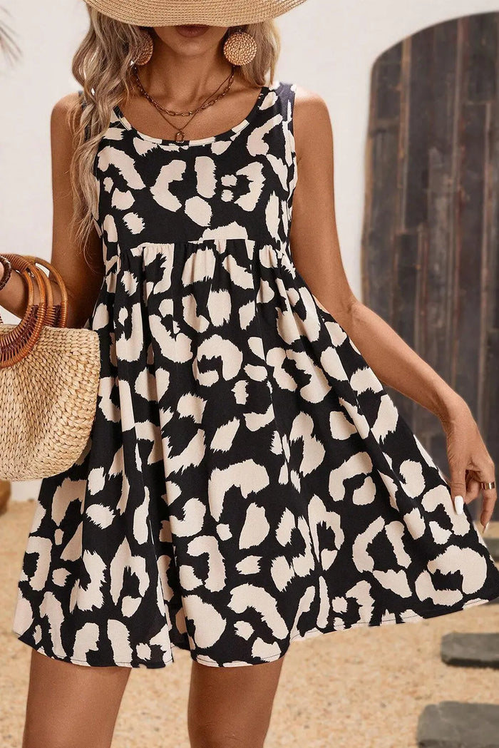 Black Leopard Print U Neck Sleeveless High Waist Dress - Dresses/Mini Dresses