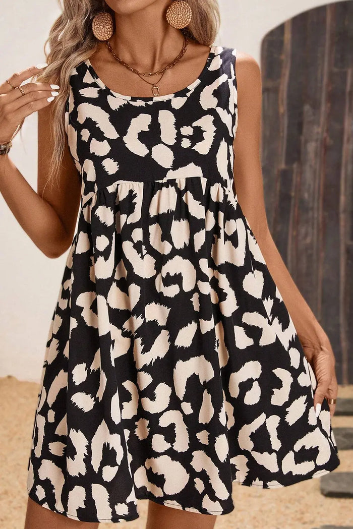 Black Leopard Print U Neck Sleeveless High Waist Dress - Dresses/Mini Dresses