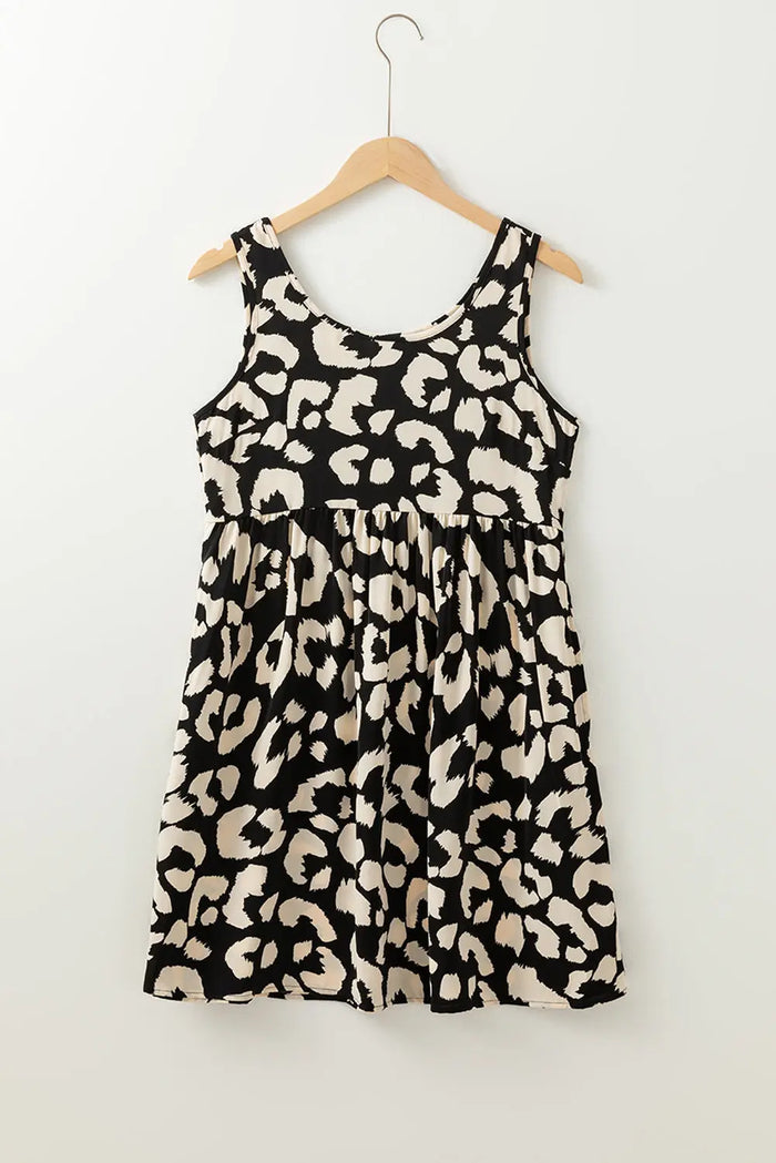 Black Leopard Print U Neck Sleeveless High Waist Dress - Dresses/Mini Dresses
