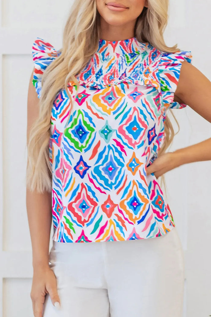 Light Blue Geometric Printed Flutter Sleeve Mock Neck Shirred Blouse - Tops/Blouses & Shirts